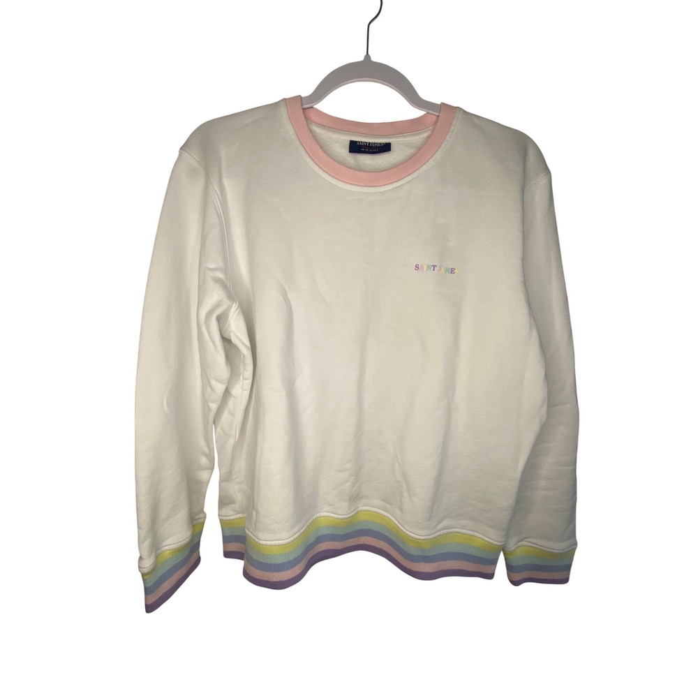 Saint James Womens White Rainbow Trim Perla Crewneck Sweatshirt Size M